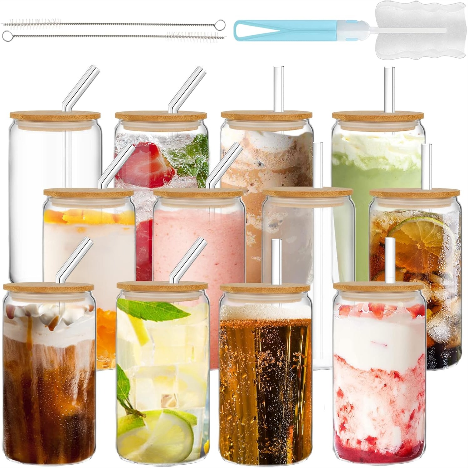 Juice Tea Coffee - 16oz Drinking Glasses with Bamboo Lids