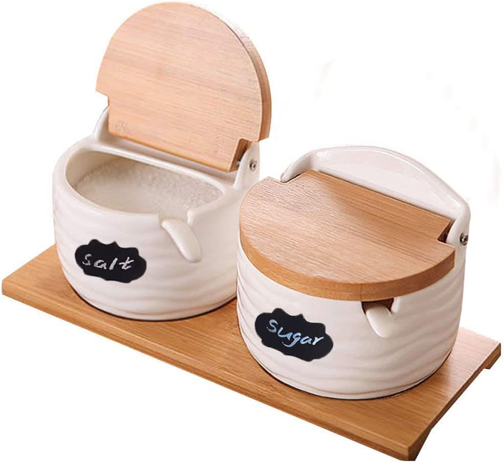Coffee Tea Sugar - Ceramic Salt Cellars with Lids and