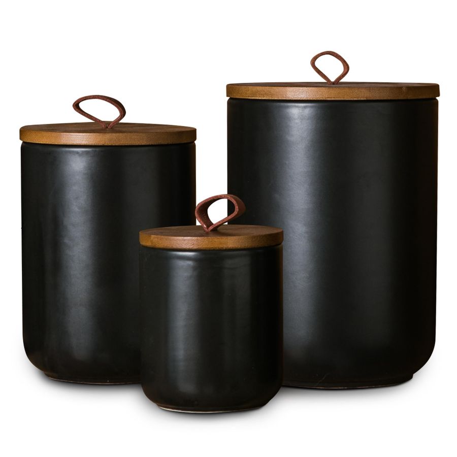 Coffee Tea Sugar Canisters - Black Ceramic Canister Set with Wooden