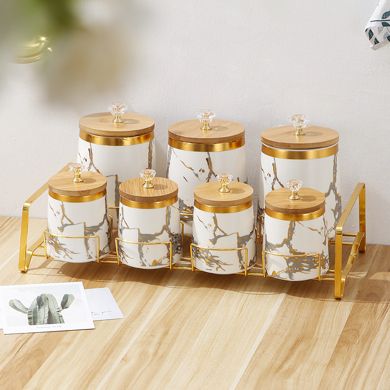 Coffee Tea Sugar Container Set - Kitchen Supplies Golden Marble Texture Airtight