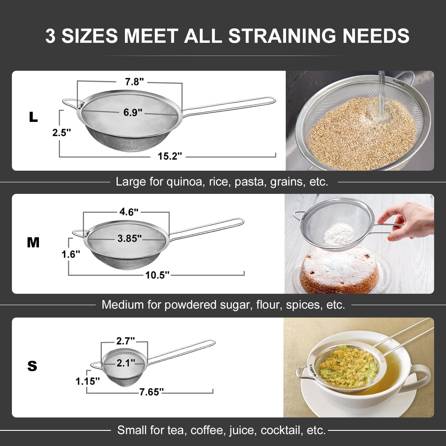 Fine Mesh Strainers Set, 3 Siz - Tea Strainer Mesh incelemesi ve fiyatı