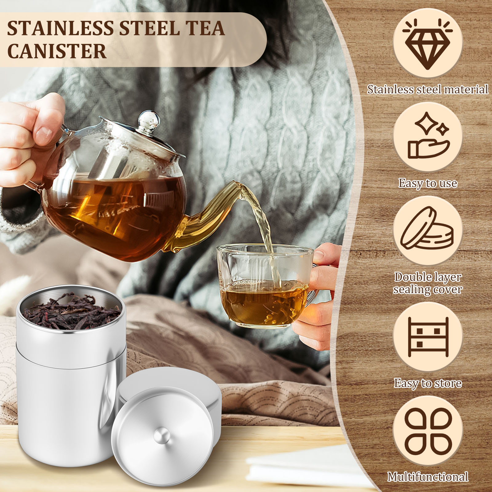 Stainless Steel Tea Leaf Tins  - Coffee Tea Sugar Canisters incelemesi ve fiyatı